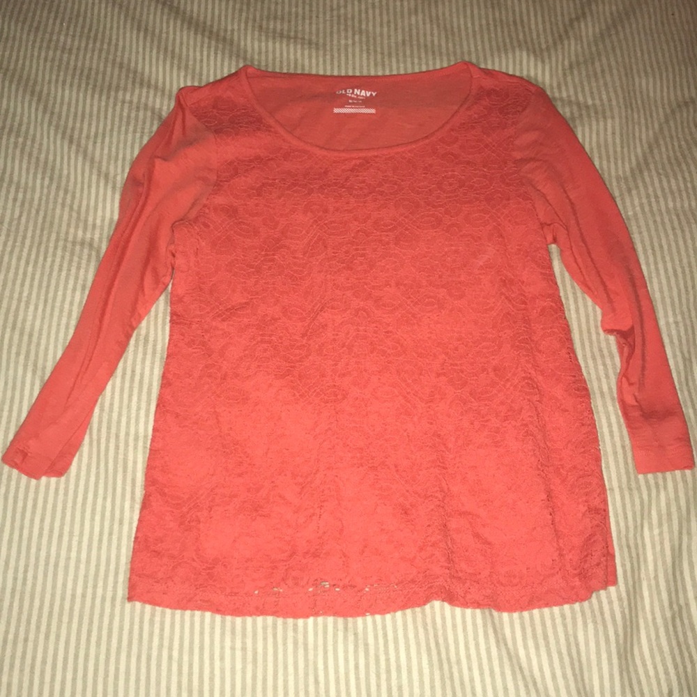 Orange lace embroidered 3/4 sleeve shirt